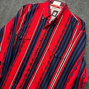 Vintage Karman Western‎ Shirt Mens Large Red Blue Striped Cowboy Long Sleeve